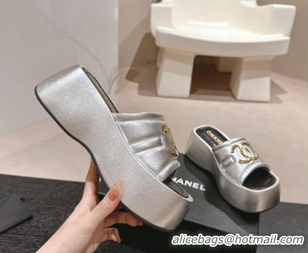 Good Looking Chanel Lambskin Platform Slides Sandal 7cm with Maxi CC Silver 701116