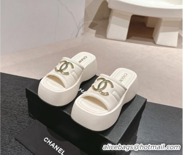 Low Price Chanel Lambskin Platform Slides Sandal 7cm with Maxi CC White 701117