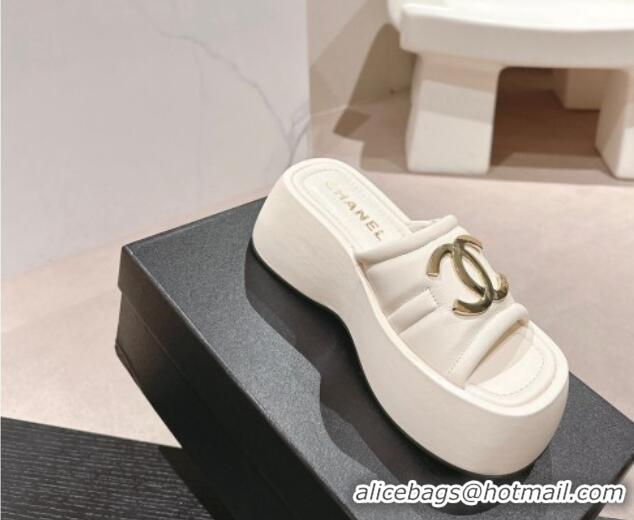 Low Price Chanel Lambskin Platform Slides Sandal 7cm with Maxi CC White 701117