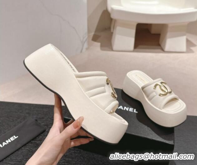 Low Price Chanel Lambskin Platform Slides Sandal 7cm with Maxi CC White 701117