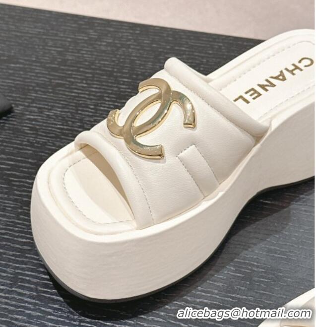 Low Price Chanel Lambskin Platform Slides Sandal 7cm with Maxi CC White 701117