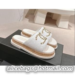 Best Product Chanel Teddy-Cloth Flat Slide Sandals with Studs CC White 701118