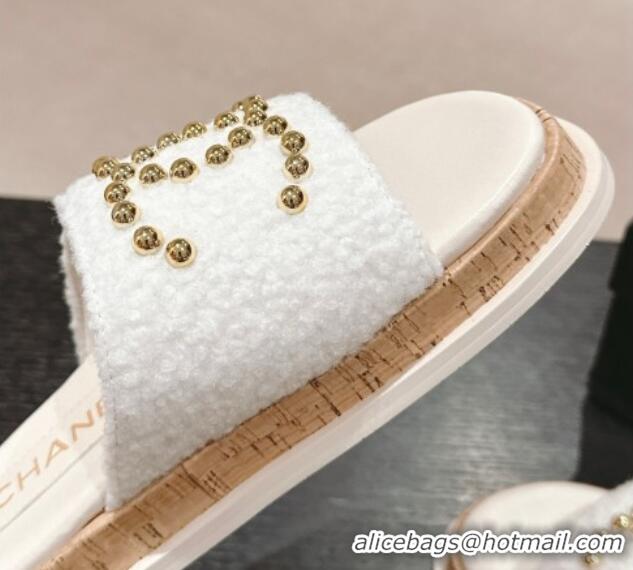 Best Product Chanel Teddy-Cloth Flat Slide Sandals with Studs CC White 701118