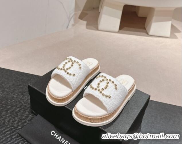 Best Product Chanel Teddy-Cloth Flat Slide Sandals with Studs CC White 701118