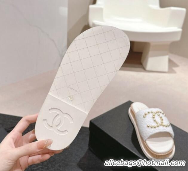 Best Product Chanel Teddy-Cloth Flat Slide Sandals with Studs CC White 701118