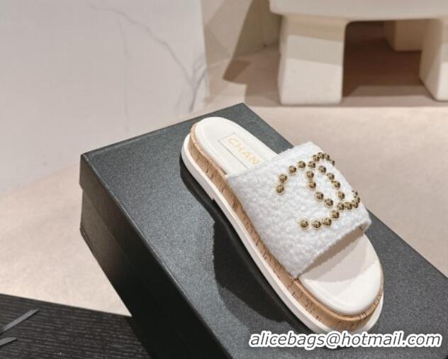 Best Product Chanel Teddy-Cloth Flat Slide Sandals with Studs CC White 701118