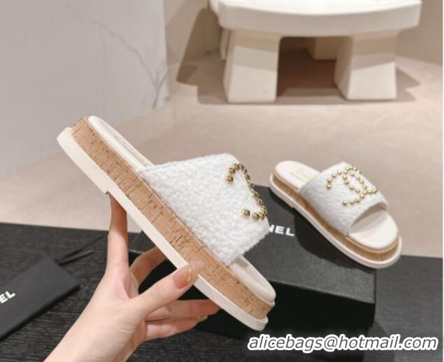 Best Product Chanel Teddy-Cloth Flat Slide Sandals with Studs CC White 701118