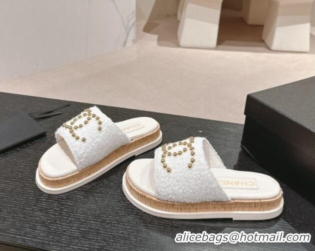 Best Product Chanel Teddy-Cloth Flat Slide Sandals with Studs CC White 701118