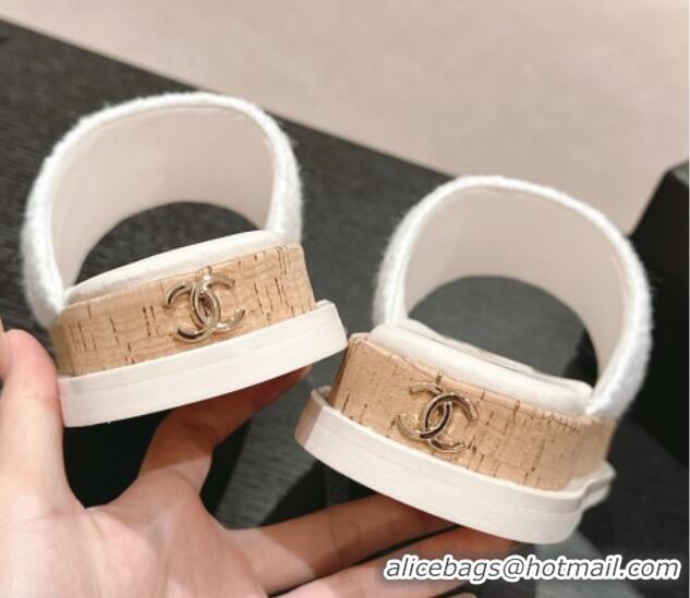 Best Product Chanel Teddy-Cloth Flat Slide Sandals with Studs CC White 701118