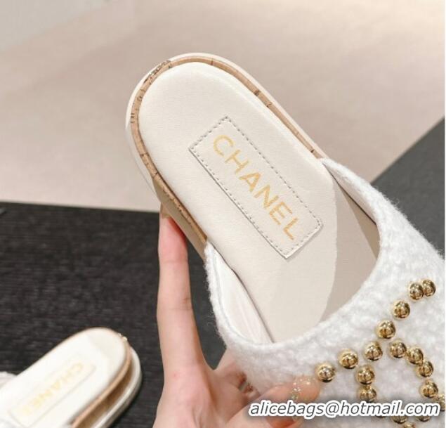 Best Product Chanel Teddy-Cloth Flat Slide Sandals with Studs CC White 701118