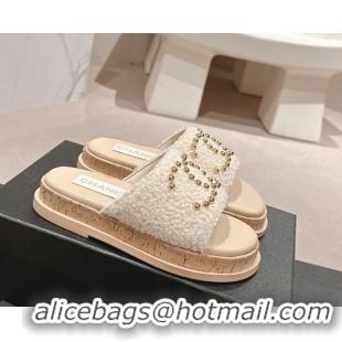 Purchase Chanel Teddy-Cloth Flat Slide Sandals with Studs CC Beige 701119