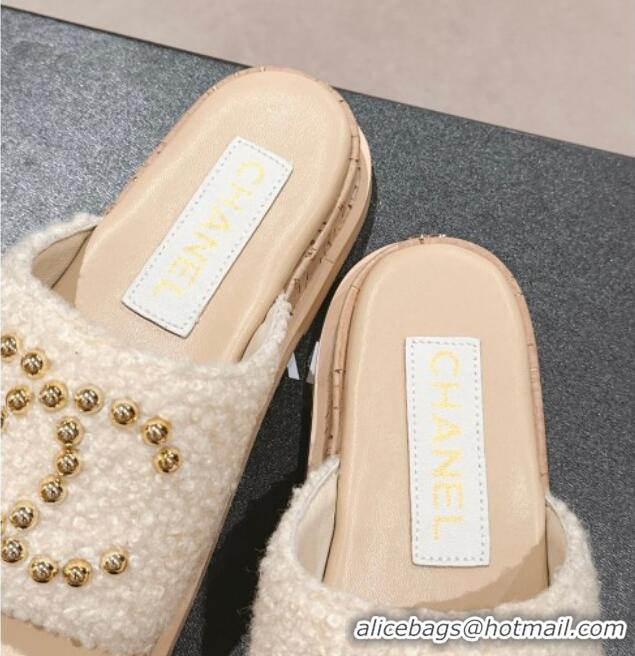 Purchase Chanel Teddy-Cloth Flat Slide Sandals with Studs CC Beige 701119