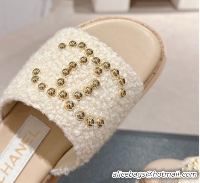 Purchase Chanel Teddy-Cloth Flat Slide Sandals with Studs CC Beige 701119