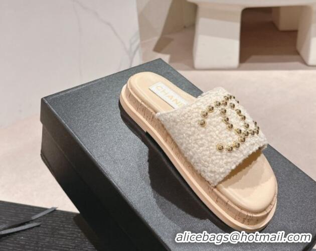 Purchase Chanel Teddy-Cloth Flat Slide Sandals with Studs CC Beige 701119