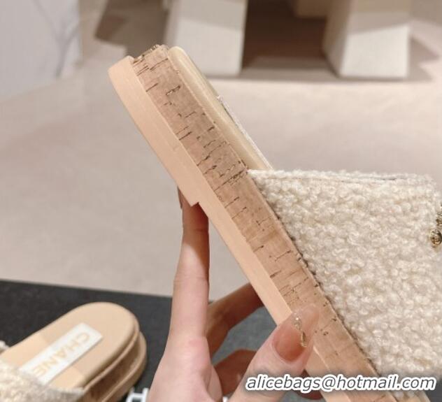 Purchase Chanel Teddy-Cloth Flat Slide Sandals with Studs CC Beige 701119