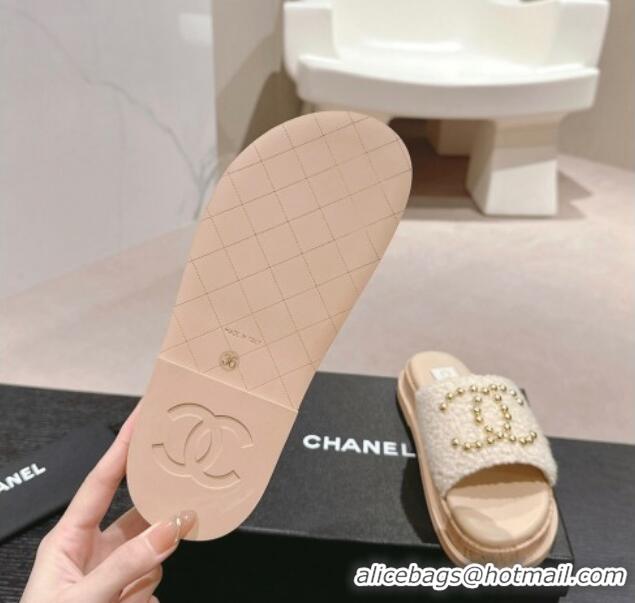 Purchase Chanel Teddy-Cloth Flat Slide Sandals with Studs CC Beige 701119