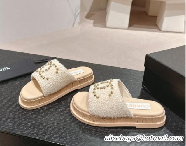 Purchase Chanel Teddy-Cloth Flat Slide Sandals with Studs CC Beige 701119