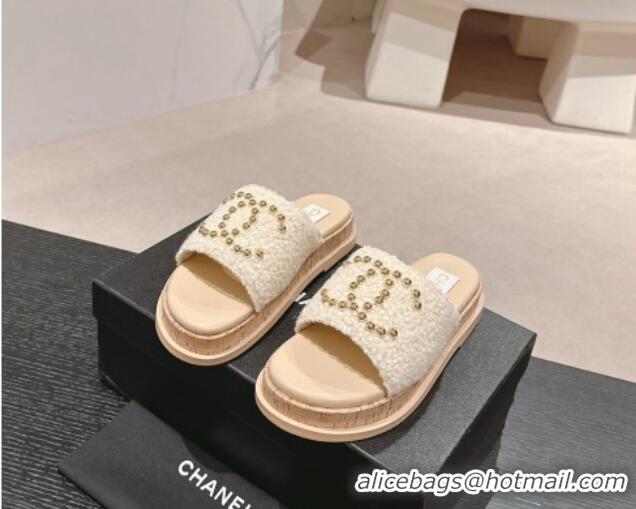 Purchase Chanel Teddy-Cloth Flat Slide Sandals with Studs CC Beige 701119