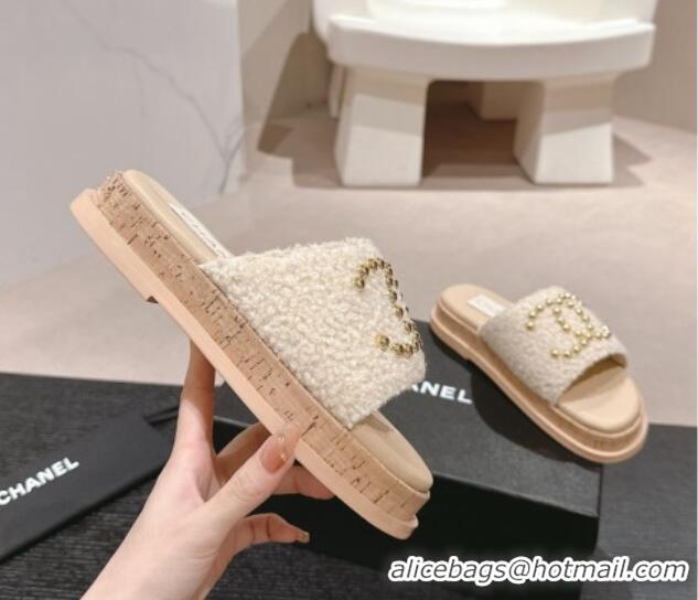 Purchase Chanel Teddy-Cloth Flat Slide Sandals with Studs CC Beige 701119