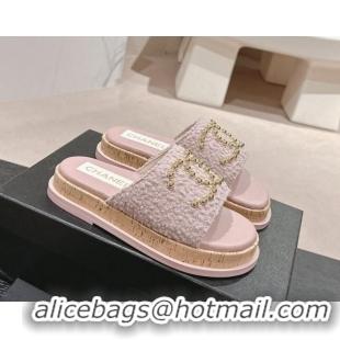 Top Grade Chanel Teddy-Cloth Flat Slide Sandals with Studs CC Light Purple 701120