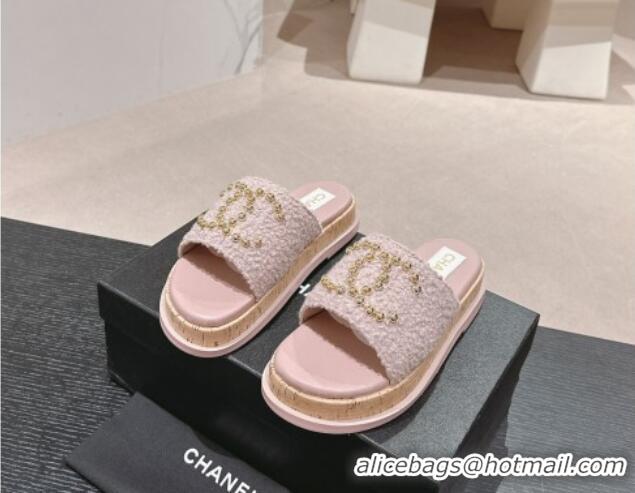 Top Grade Chanel Teddy-Cloth Flat Slide Sandals with Studs CC Light Purple 701120