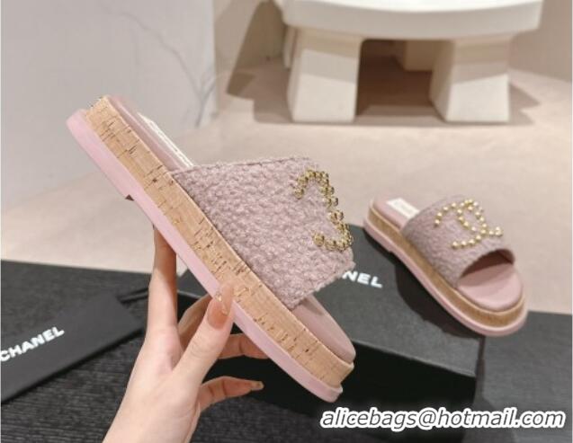 Top Grade Chanel Teddy-Cloth Flat Slide Sandals with Studs CC Light Purple 701120