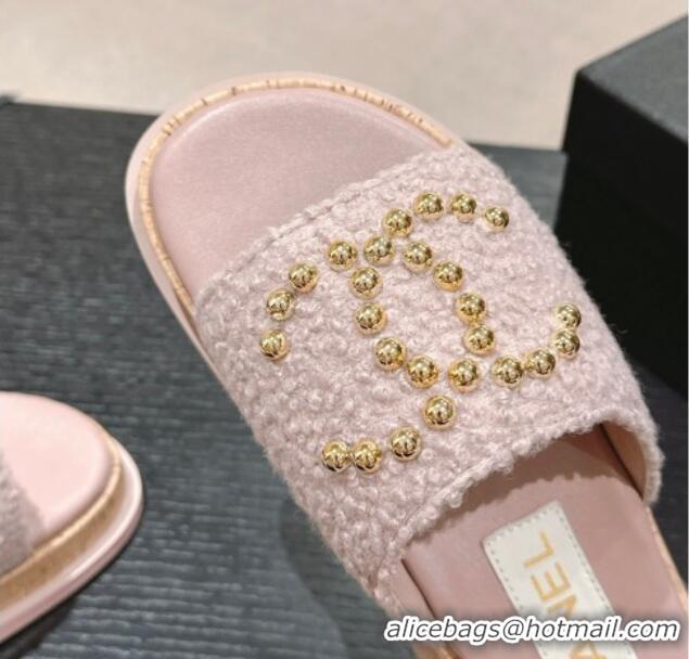 Top Grade Chanel Teddy-Cloth Flat Slide Sandals with Studs CC Light Purple 701120