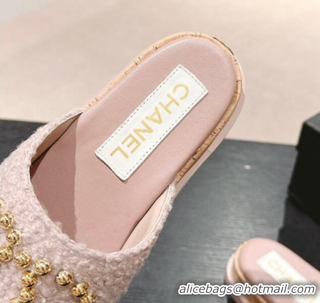 Top Grade Chanel Teddy-Cloth Flat Slide Sandals with Studs CC Light Purple 701120