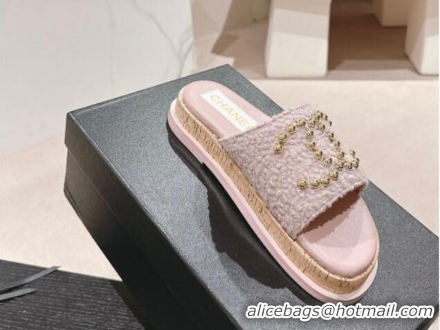 Top Grade Chanel Teddy-Cloth Flat Slide Sandals with Studs CC Light Purple 701120