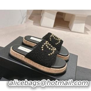 Shop Duplicate Chanel Teddy-Cloth Flat Slide Sandals with Studs CC Black 701121