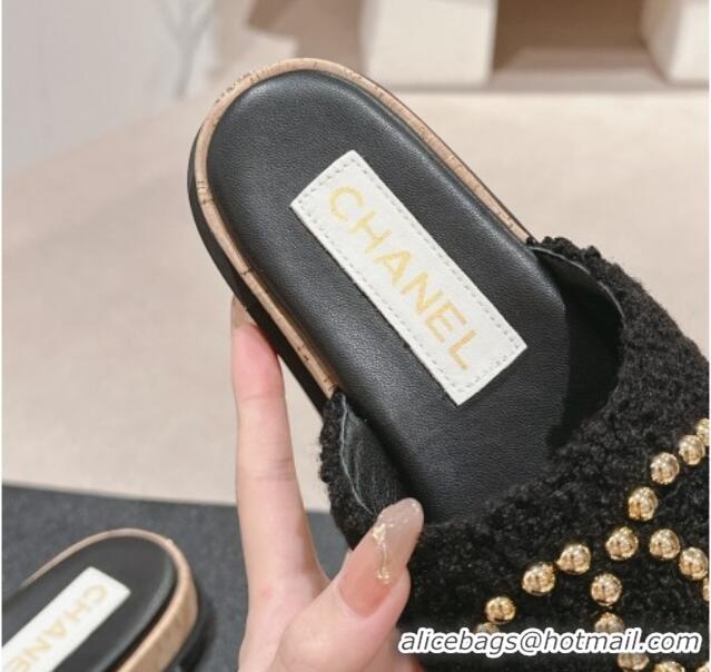 Shop Duplicate Chanel Teddy-Cloth Flat Slide Sandals with Studs CC Black 701121