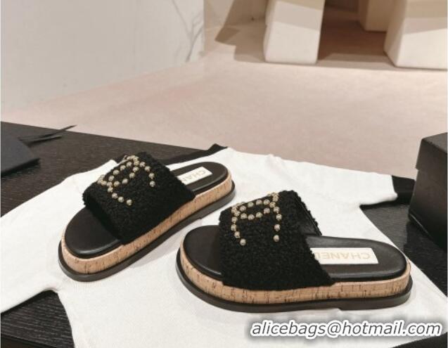 Shop Duplicate Chanel Teddy-Cloth Flat Slide Sandals with Studs CC Black 701121