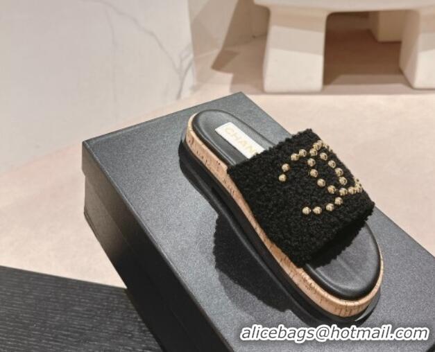 Shop Duplicate Chanel Teddy-Cloth Flat Slide Sandals with Studs CC Black 701121