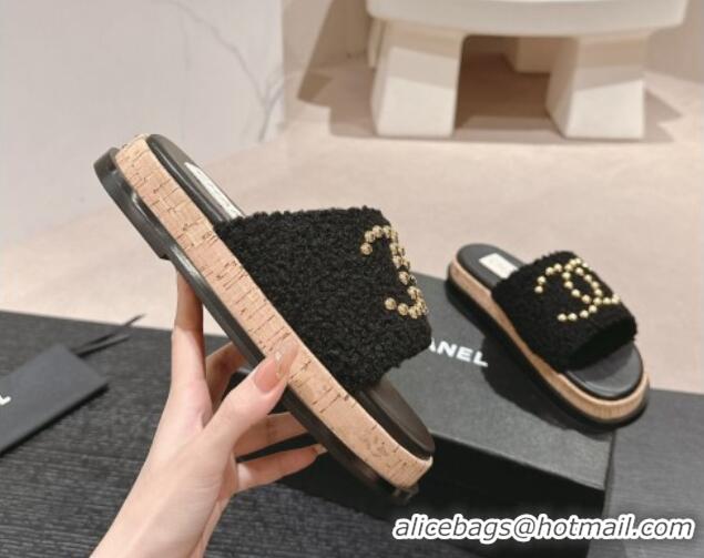 Shop Duplicate Chanel Teddy-Cloth Flat Slide Sandals with Studs CC Black 701121