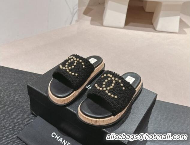 Shop Duplicate Chanel Teddy-Cloth Flat Slide Sandals with Studs CC Black 701121