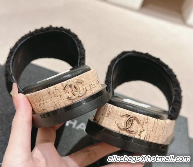 Shop Duplicate Chanel Teddy-Cloth Flat Slide Sandals with Studs CC Black 701121