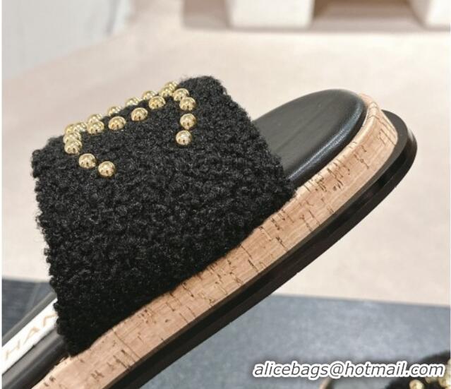 Shop Duplicate Chanel Teddy-Cloth Flat Slide Sandals with Studs CC Black 701121