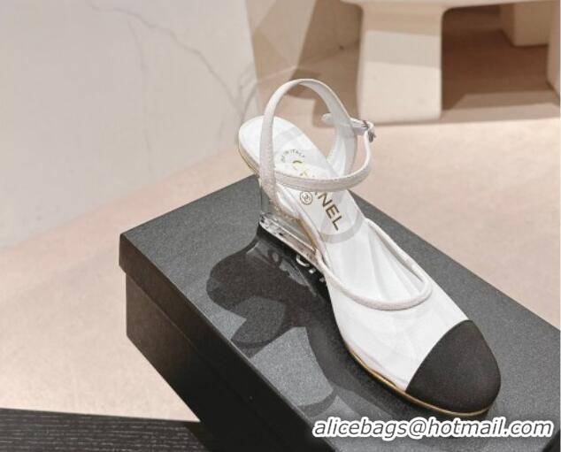 Stylish Chanel Mesh Wedge Pumps with Clear Heel White 701122