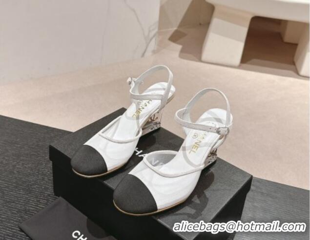 Stylish Chanel Mesh Wedge Pumps with Clear Heel White 701122