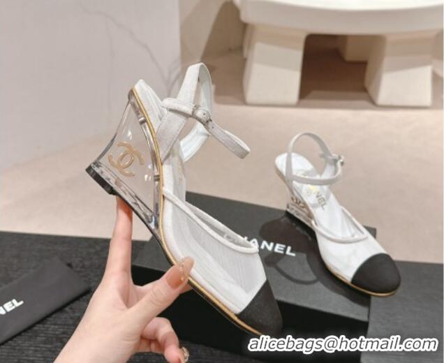 Stylish Chanel Mesh Wedge Pumps with Clear Heel White 701122