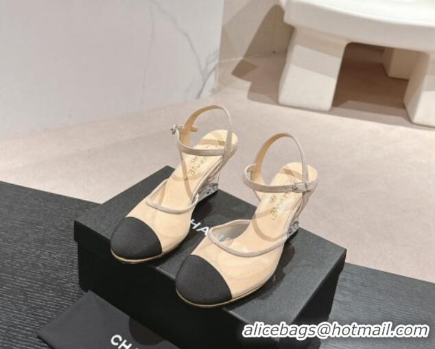 Perfect Chanel Mesh Wedge Pumps with Clear Heel Beige 701123