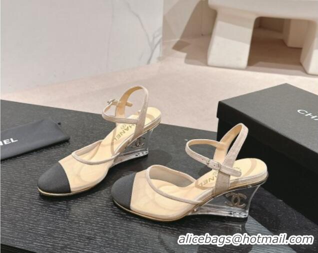 Perfect Chanel Mesh Wedge Pumps with Clear Heel Beige 701123