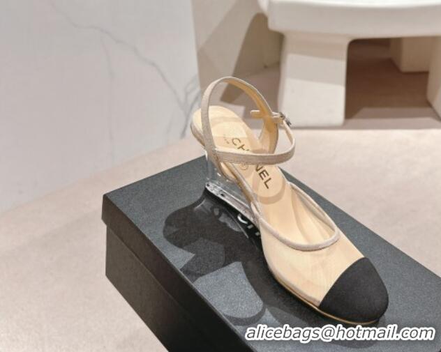 Perfect Chanel Mesh Wedge Pumps with Clear Heel Beige 701123