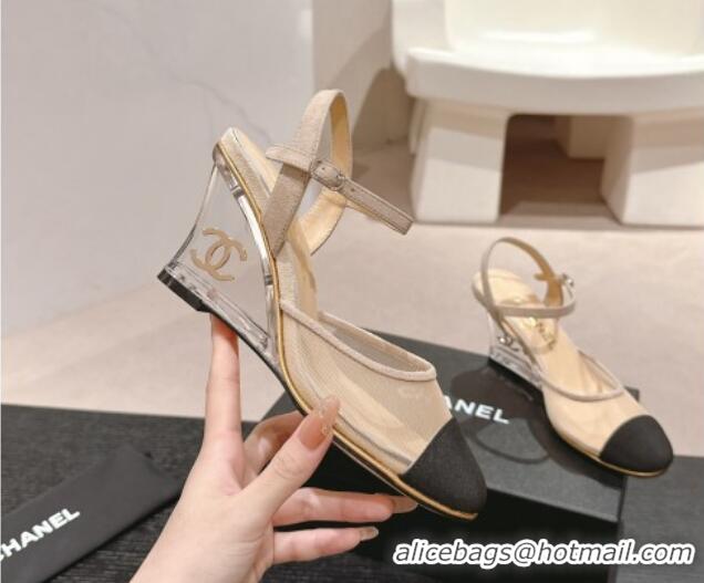 Perfect Chanel Mesh Wedge Pumps with Clear Heel Beige 701123