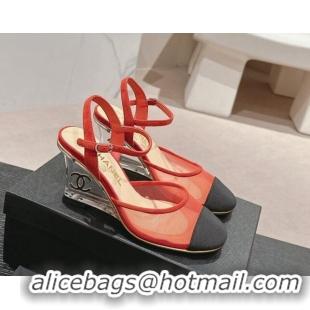 Most Popular Chanel Mesh Wedge Pumps with Clear Heel Red 701124