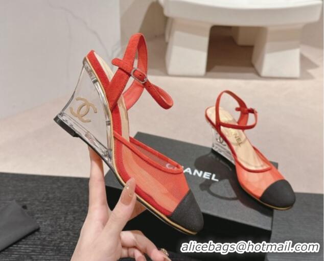 Most Popular Chanel Mesh Wedge Pumps with Clear Heel Red 701124