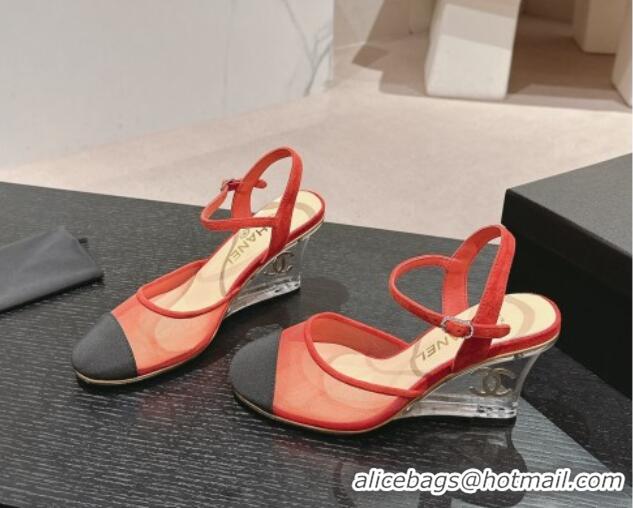 Most Popular Chanel Mesh Wedge Pumps with Clear Heel Red 701124