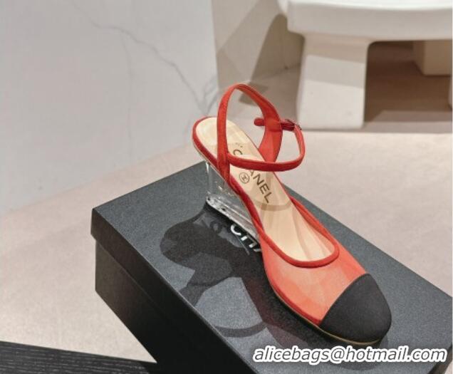 Most Popular Chanel Mesh Wedge Pumps with Clear Heel Red 701124