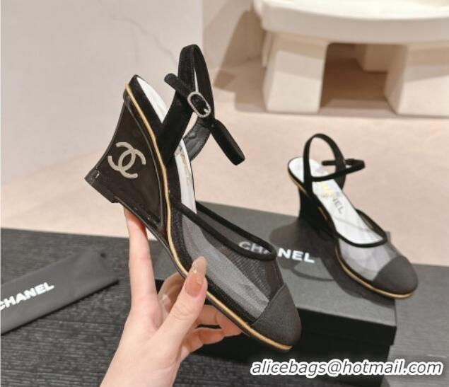 Best Price Chanel Mesh Wedge Pumps with Clear Heel Black 701125