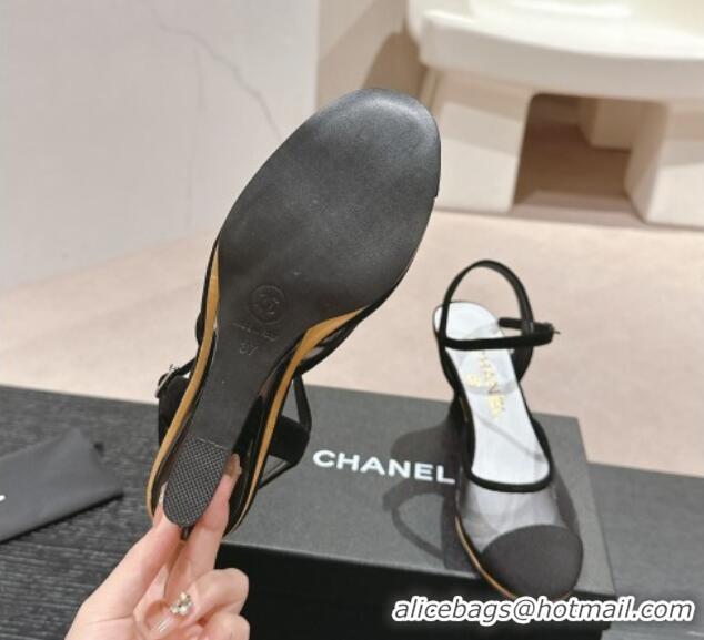 Best Price Chanel Mesh Wedge Pumps with Clear Heel Black 701125